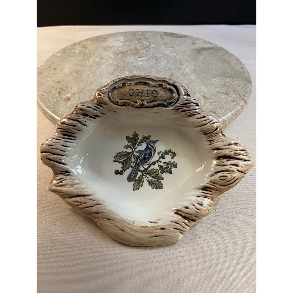 Vintage Treasure Craft "Ohio" Stoneware Pottery Trinket Dish W/ Bluejay